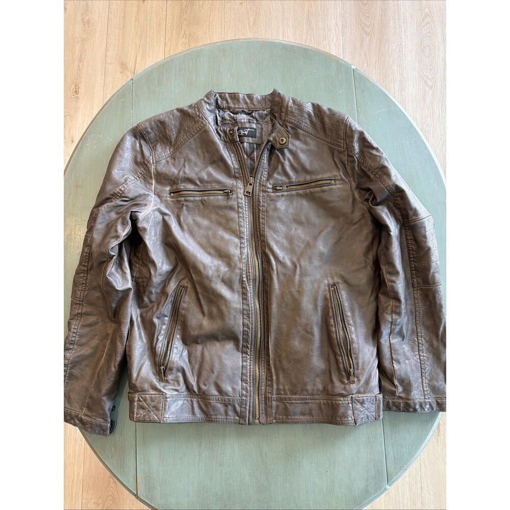 Black Rivet Brown Faux Leather Moto Jacket Mens Size M Zip Pockets